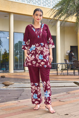 Elegant Wine Pure Cotton Floral Co-ords Set
