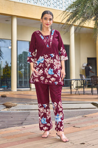 Elegant Wine Pure Cotton Floral Co-ords Set