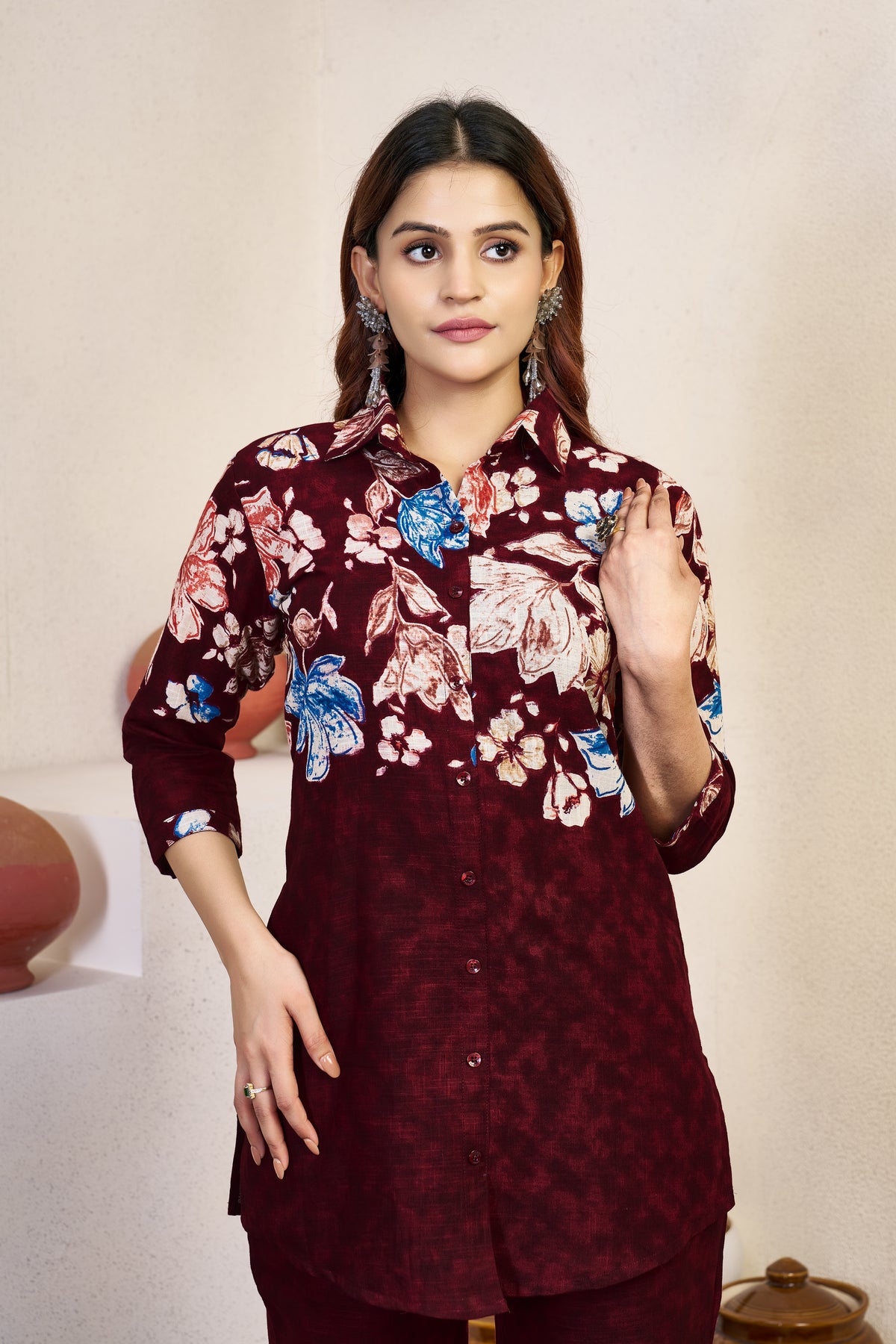 Wine Maroon Pure Cotton Printed Co-Ord Set