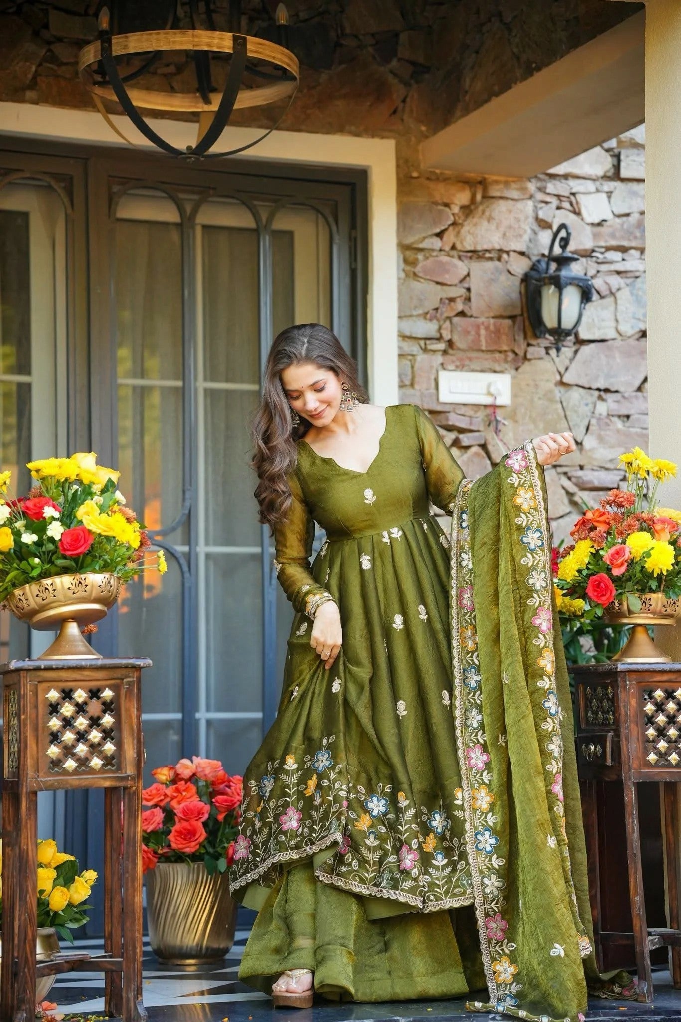 Olive Green Floral Embroidered Crunchy Silk Anarkali Suit Set