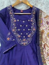 Elegant Navy Blue Premium Marina Silk Embroidered Kurti Pant Dupatta Set