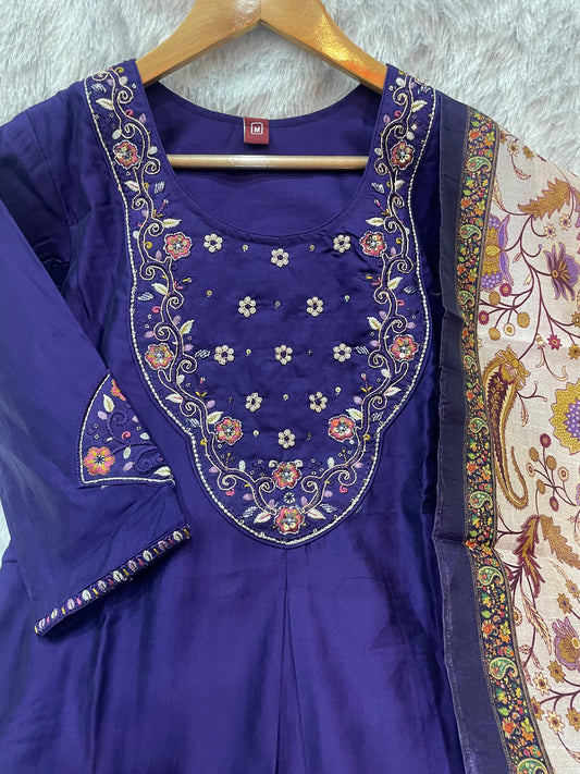 Elegant Navy Blue Premium Marina Silk Embroidered Kurti Pant Dupatta Set