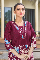 Elegant Wine Pure Cotton Floral Co-ords Set