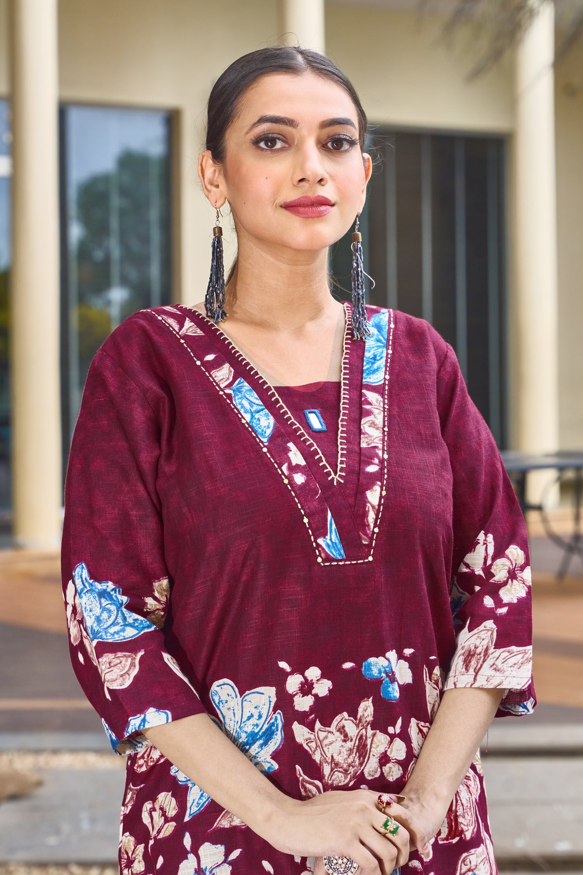 Elegant Wine Pure Cotton Floral Co-ords Set