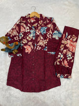 Wine Maroon Pure Cotton Printed Co-Ord Set