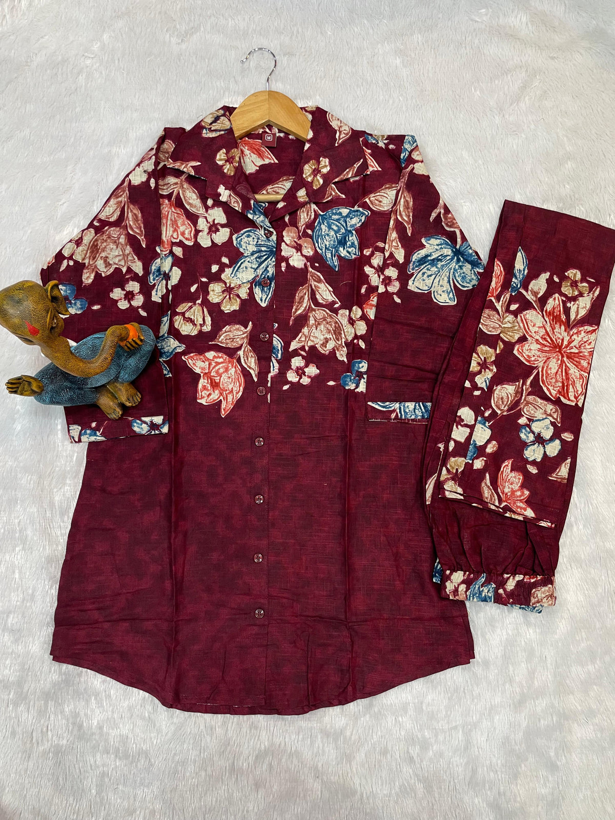 Wine Maroon Pure Cotton Printed Co-Ord Set