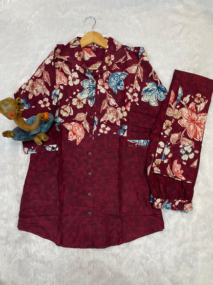 Wine Maroon Pure Cotton Printed Co-Ord Set