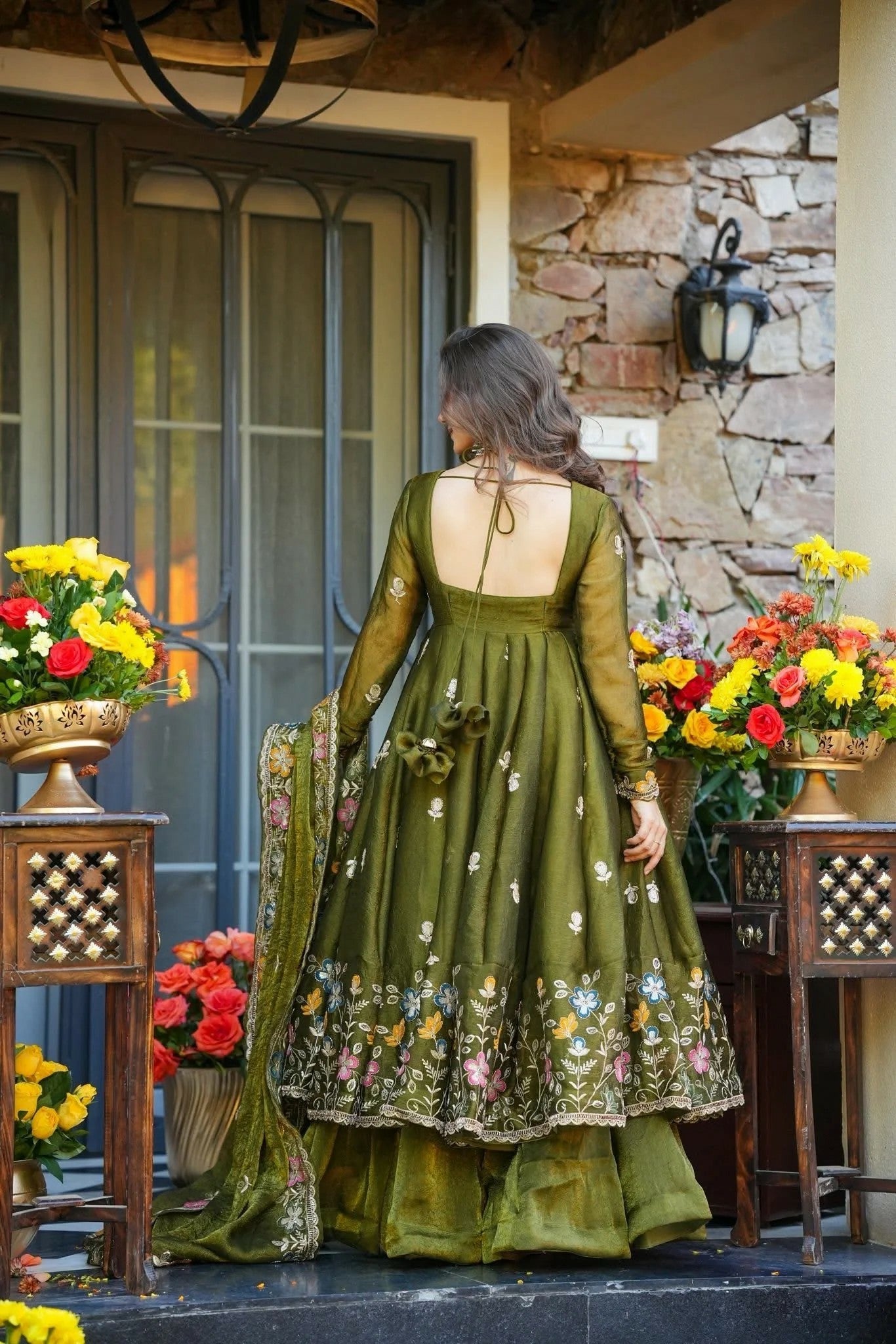 Olive Green Floral Embroidered Crunchy Silk Anarkali Suit Set