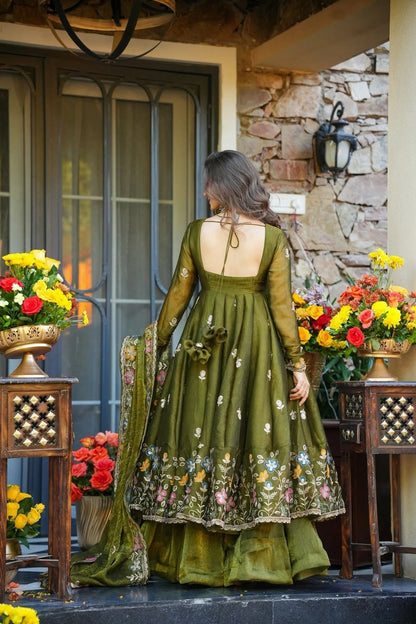 Olive Green Floral Embroidered Crunchy Silk Anarkali Suit Set