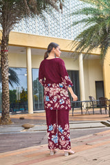 Elegant Wine Pure Cotton Floral Co-ords Set