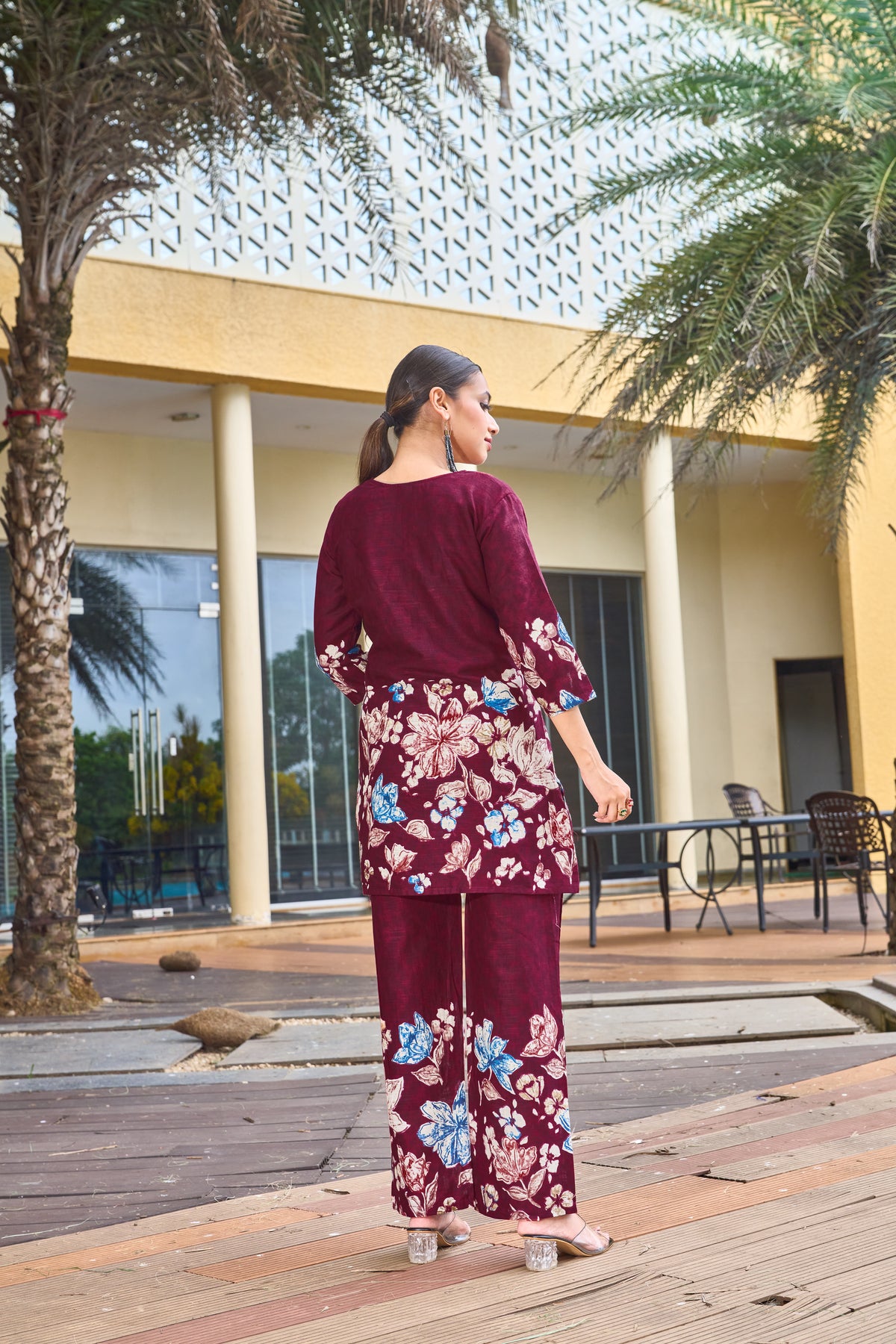 Elegant Wine Pure Cotton Floral Co-ords Set