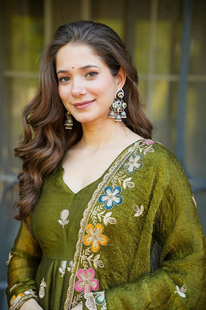 Olive Green Floral Embroidered Crunchy Silk Anarkali Suit Set