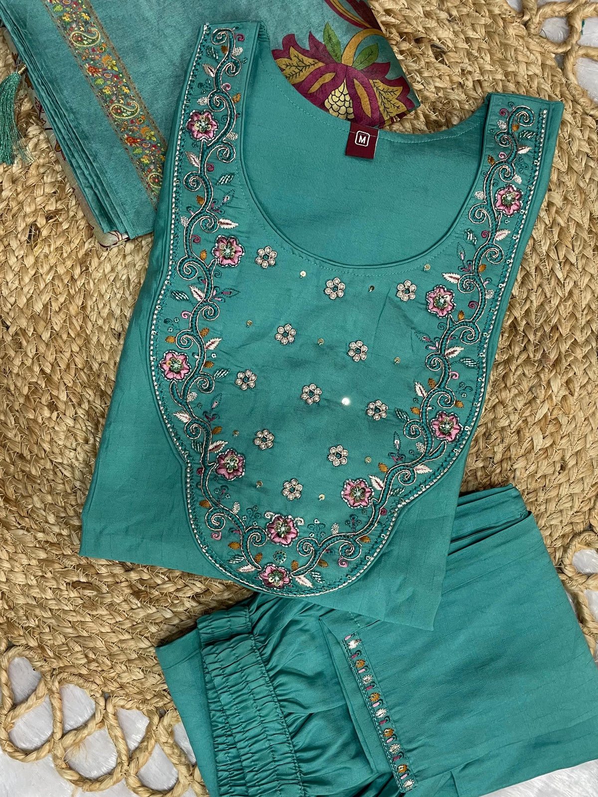 Elegant Sea Green Premium Marina Silk Embroidered Kurti Pant Dupatta Set