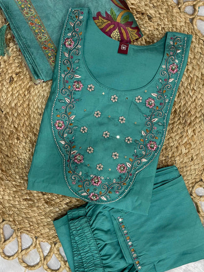 Elegant Sea Green Premium Marina Silk Embroidered Kurti Pant Dupatta Set