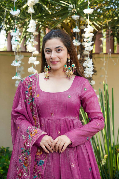 Magenta Pink Floral Crunchy Silk Anarkali Suit Set