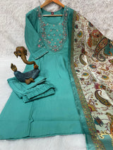 Elegant Sea Green Premium Marina Silk Embroidered Kurti Pant Dupatta Set