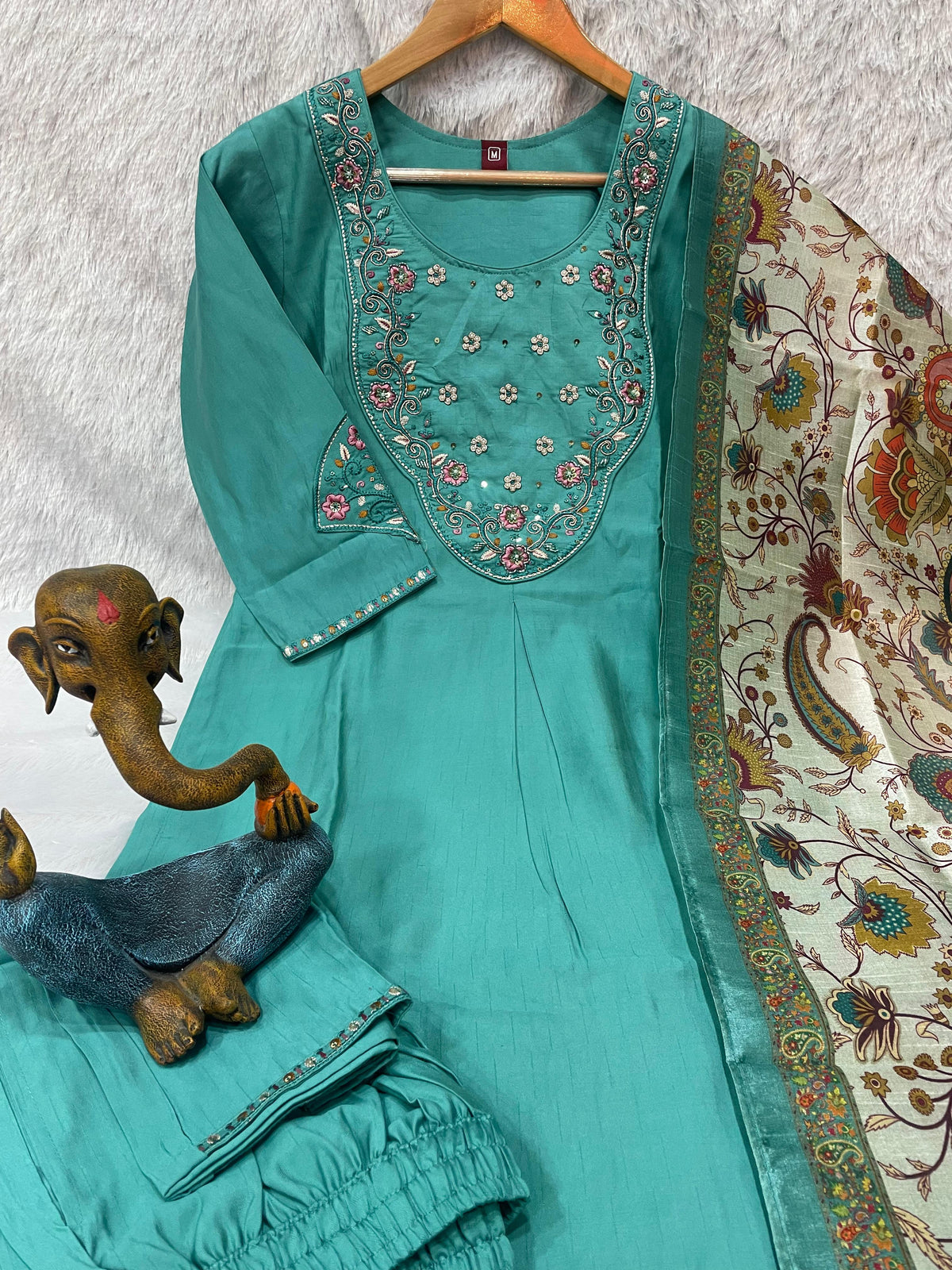 Elegant Sea Green Premium Marina Silk Embroidered Kurti Pant Dupatta Set