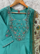 Elegant Sea Green Premium Marina Silk Embroidered Kurti Pant Dupatta Set