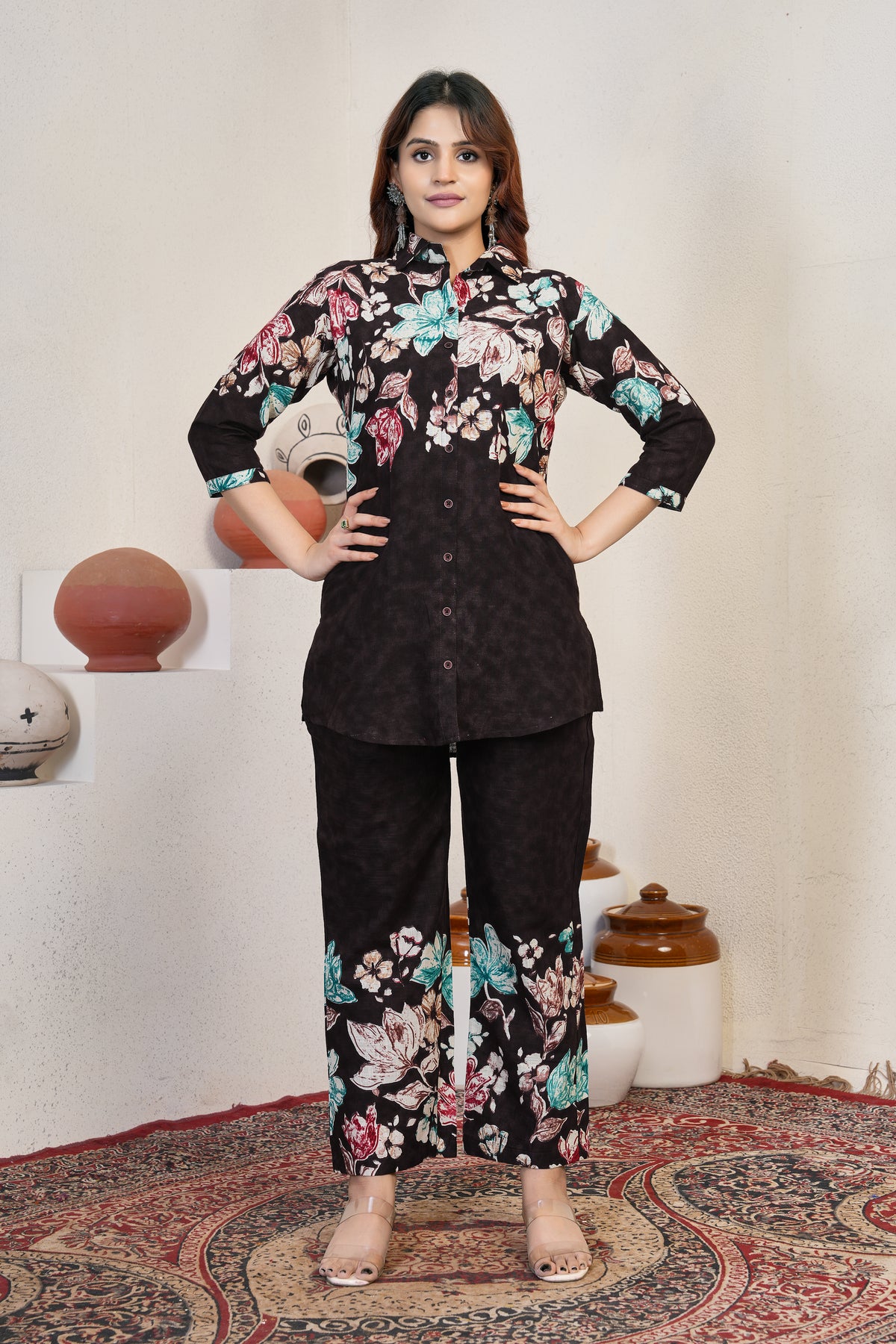 Elegant Black Floral Pure Cotton Printed Co-Ord Set