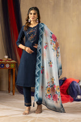 Navy Blue Viscose Silk Multi Embroidered Suit Set