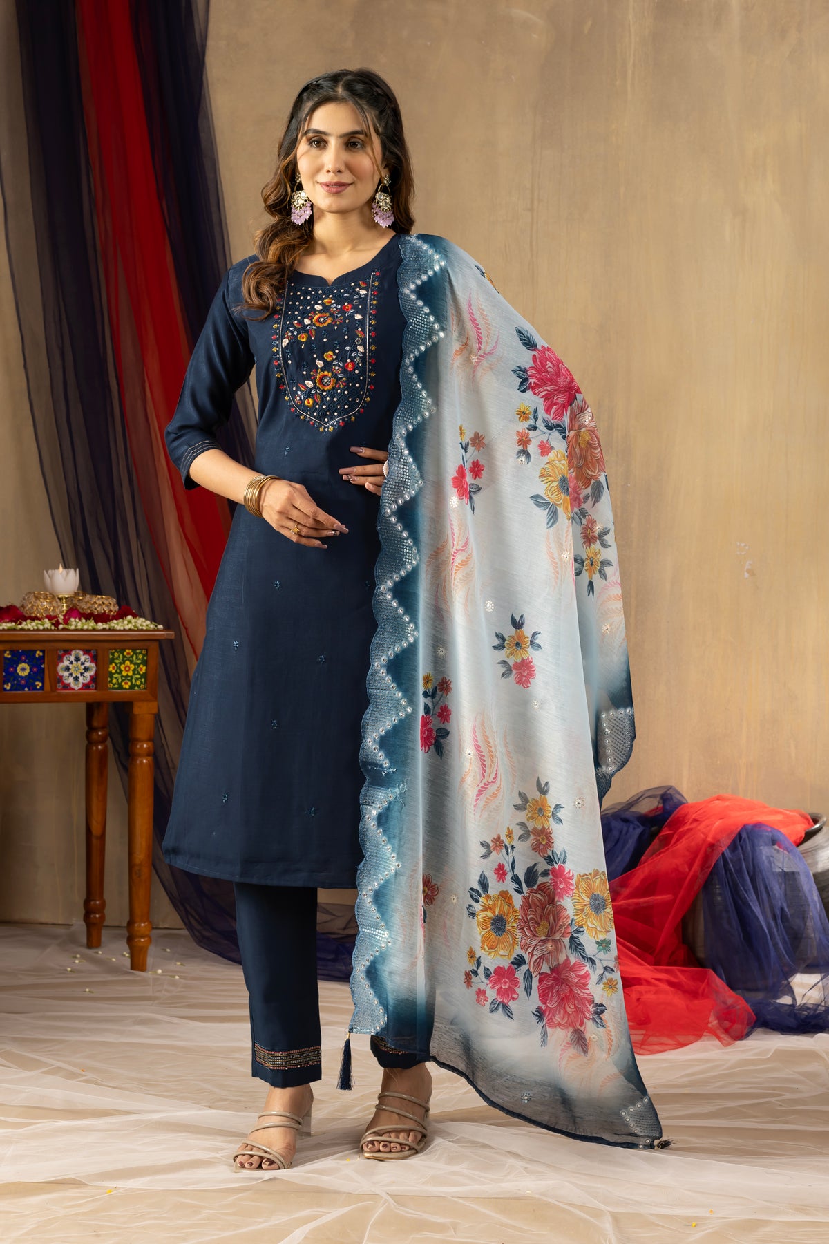 Navy Blue Viscose Silk Multi Embroidered Suit Set