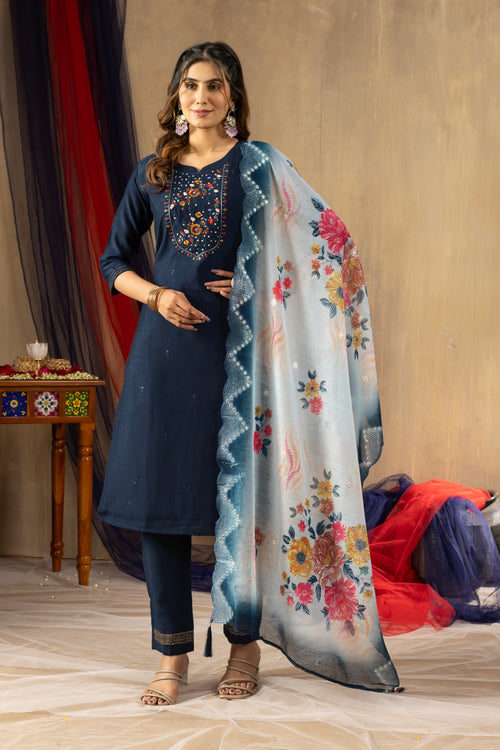 Navy Blue Viscose Silk Multi Embroidered Suit Set