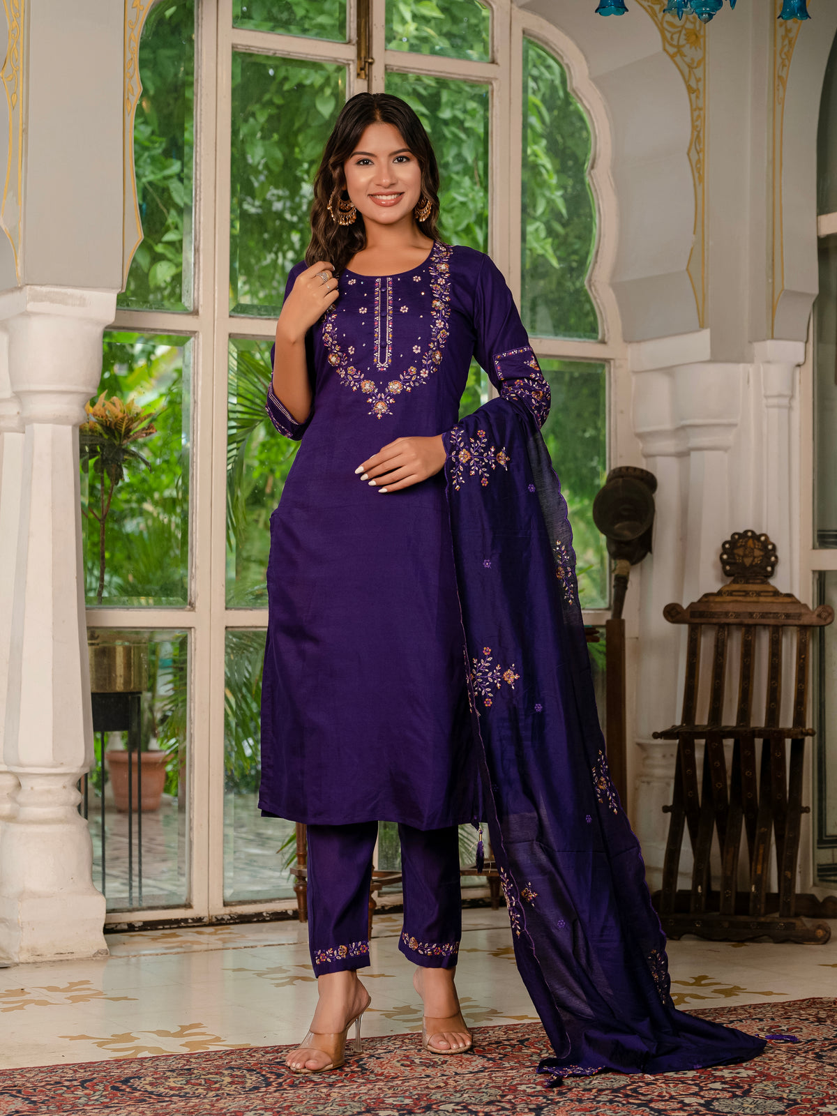 Violet Marina Silk Multi Embroidered Suit Set