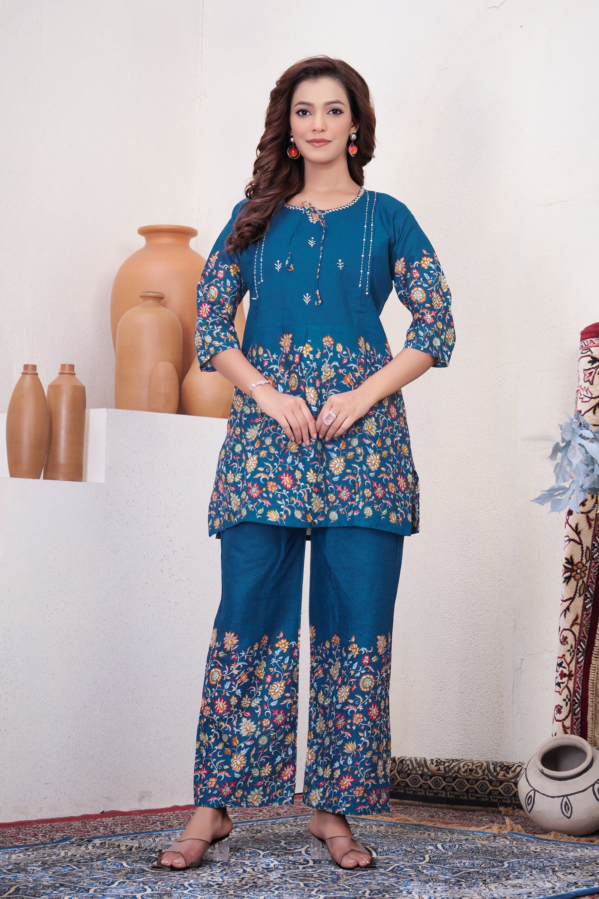 Elegant Teal Blue Floral Printed Pure Cotton Co-Ord Set