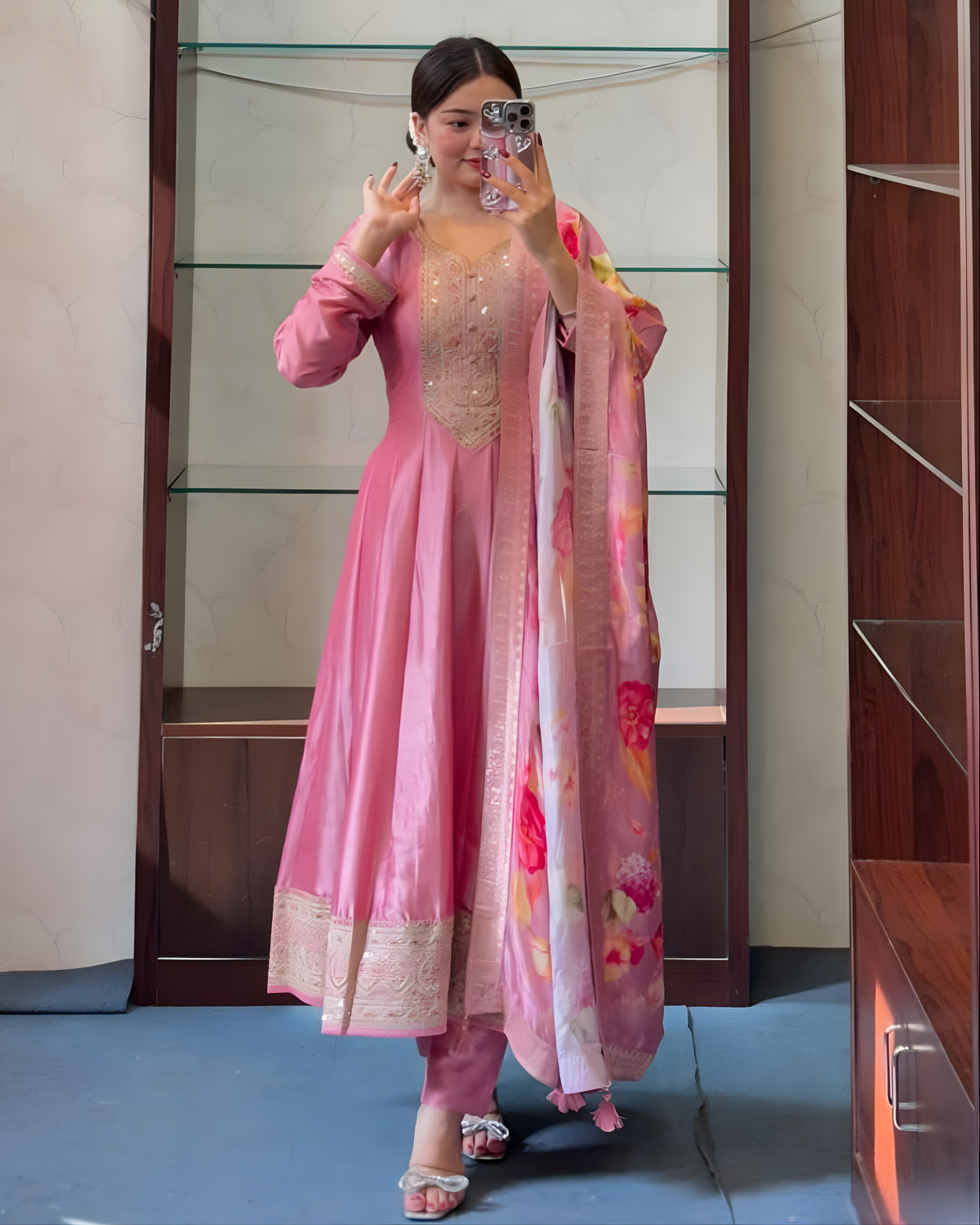 Blush Pink Anarkali Kurti Pant Dupatta Set
