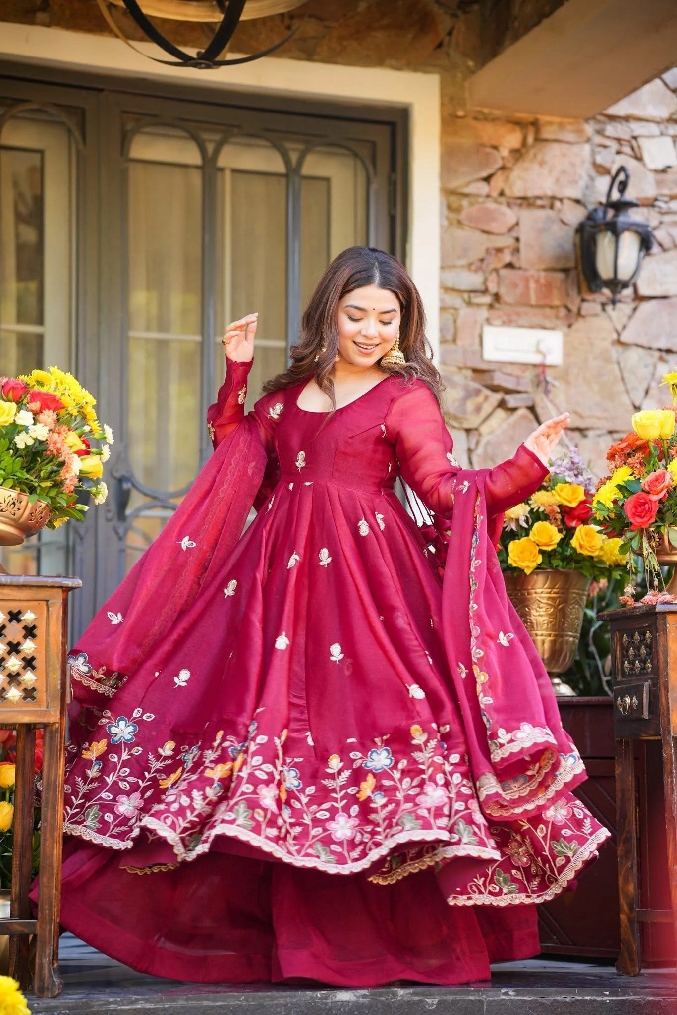 Wine Floral Embroidered Crunchy Silk Anarkali Suit Set