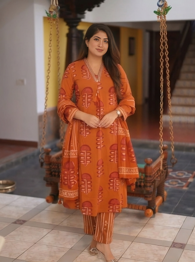 Orange Jaipuri Block Print Mul Cotton Suit