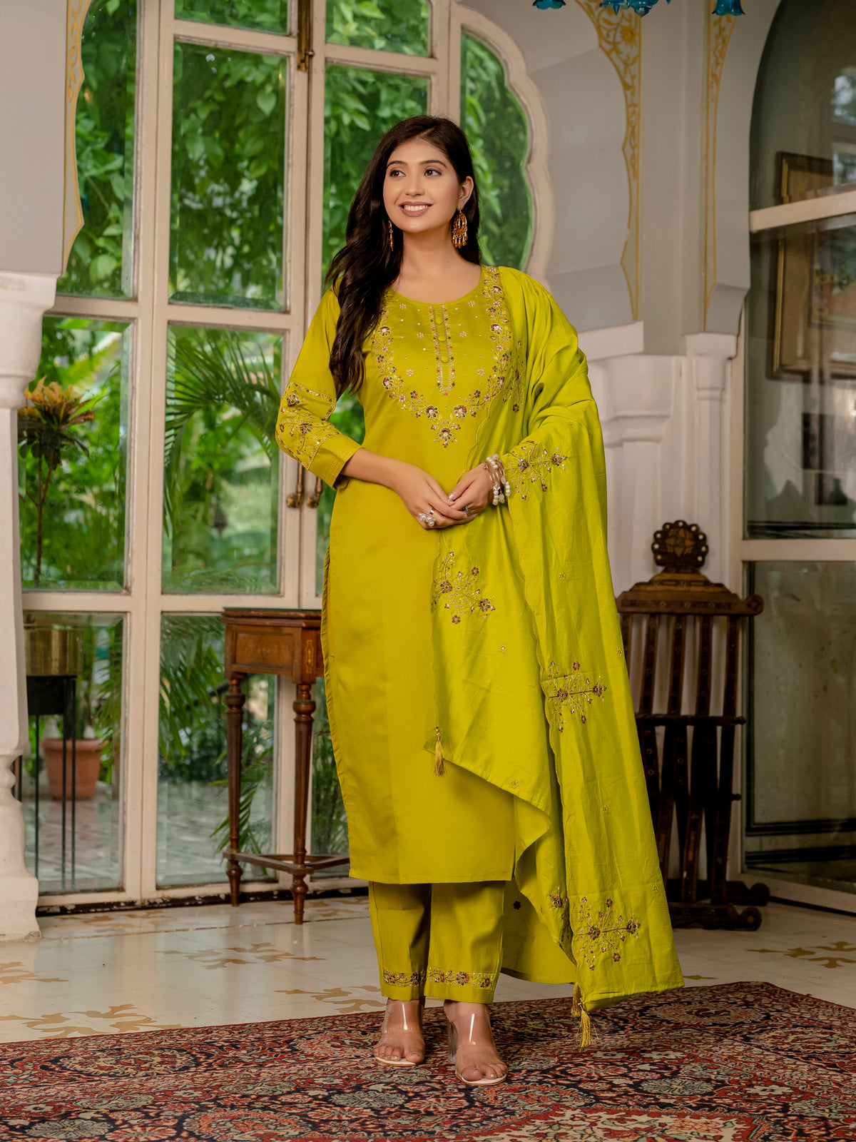 Mustard Yellow Marina Silk Multi Embroidered Suit Set