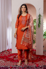 Elegant Orange Viscose Silk Embroidered Kurta Set