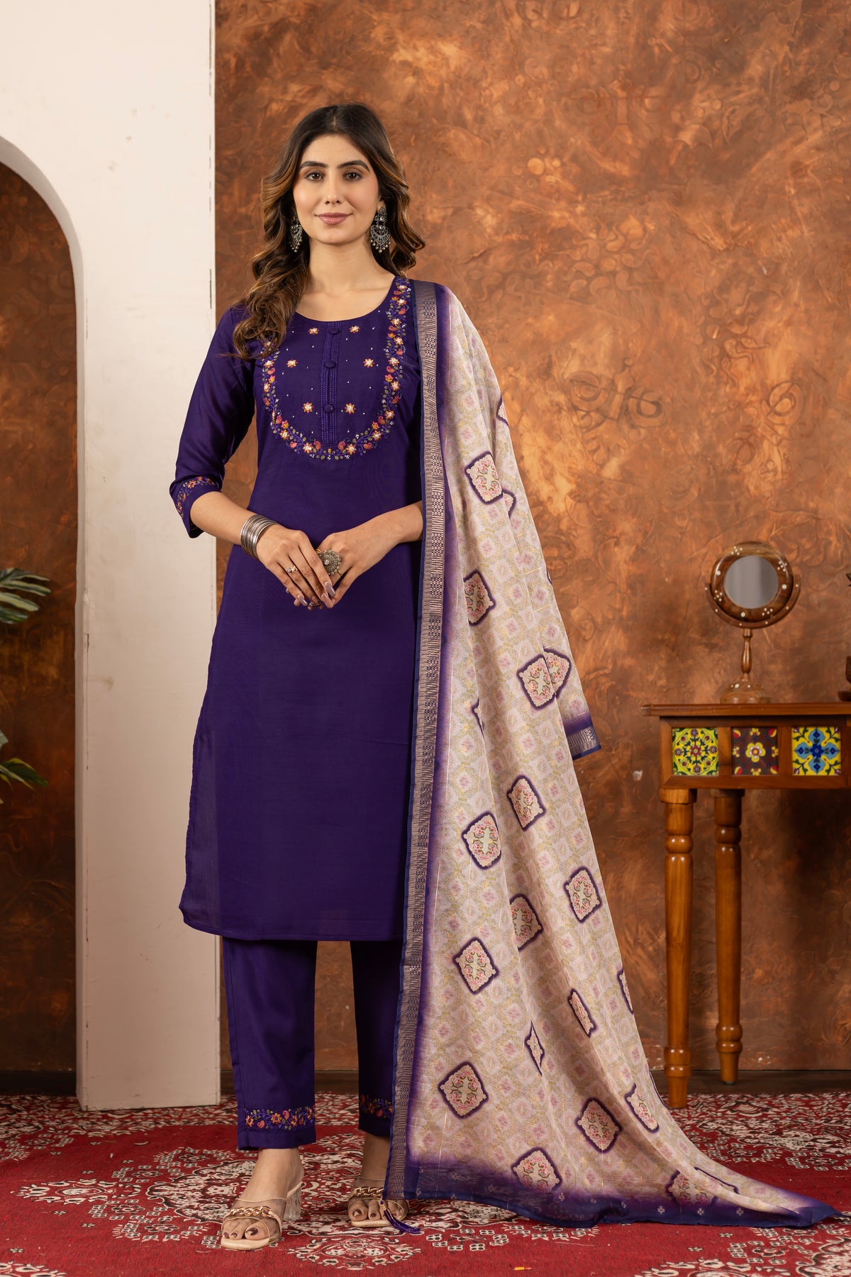 Purple Marina Silk Multi Embroidered Suit Set