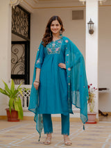 Firozi Viscose Mango Silk Embroidered Kurti Set