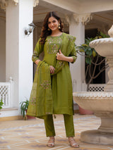 Mehndi Green Viscose Mango Silk Embroidered Kurti Set