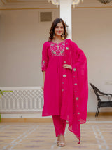 Pink Viscose Mango Silk Embroidered Kurti Set