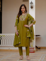 Mehndi Green Viscose Mango Silk Embroidered Kurti Set