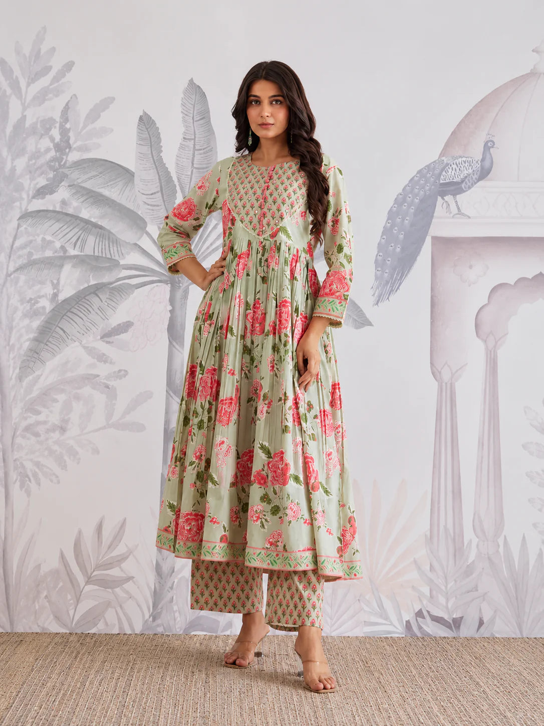 Floral Jaipuri Cotton Flared Anarkali Suit Set