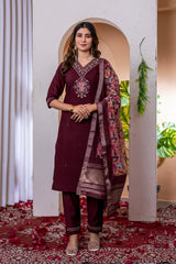Wine Marina Viscose Silk Multi Embroidered Suit Set