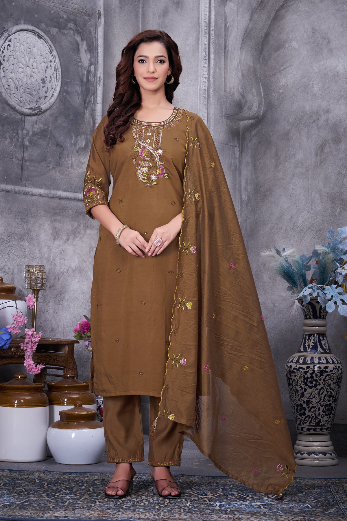 Mustard Roman Silk Kurti Pant Set