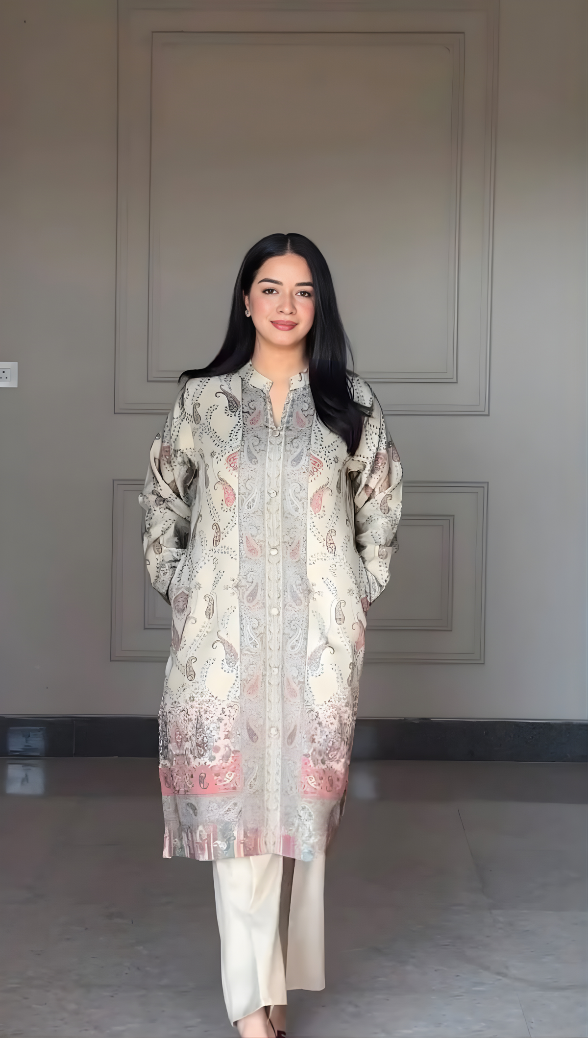 Beige Pastel Printed Kurti Pant Dupatta Set