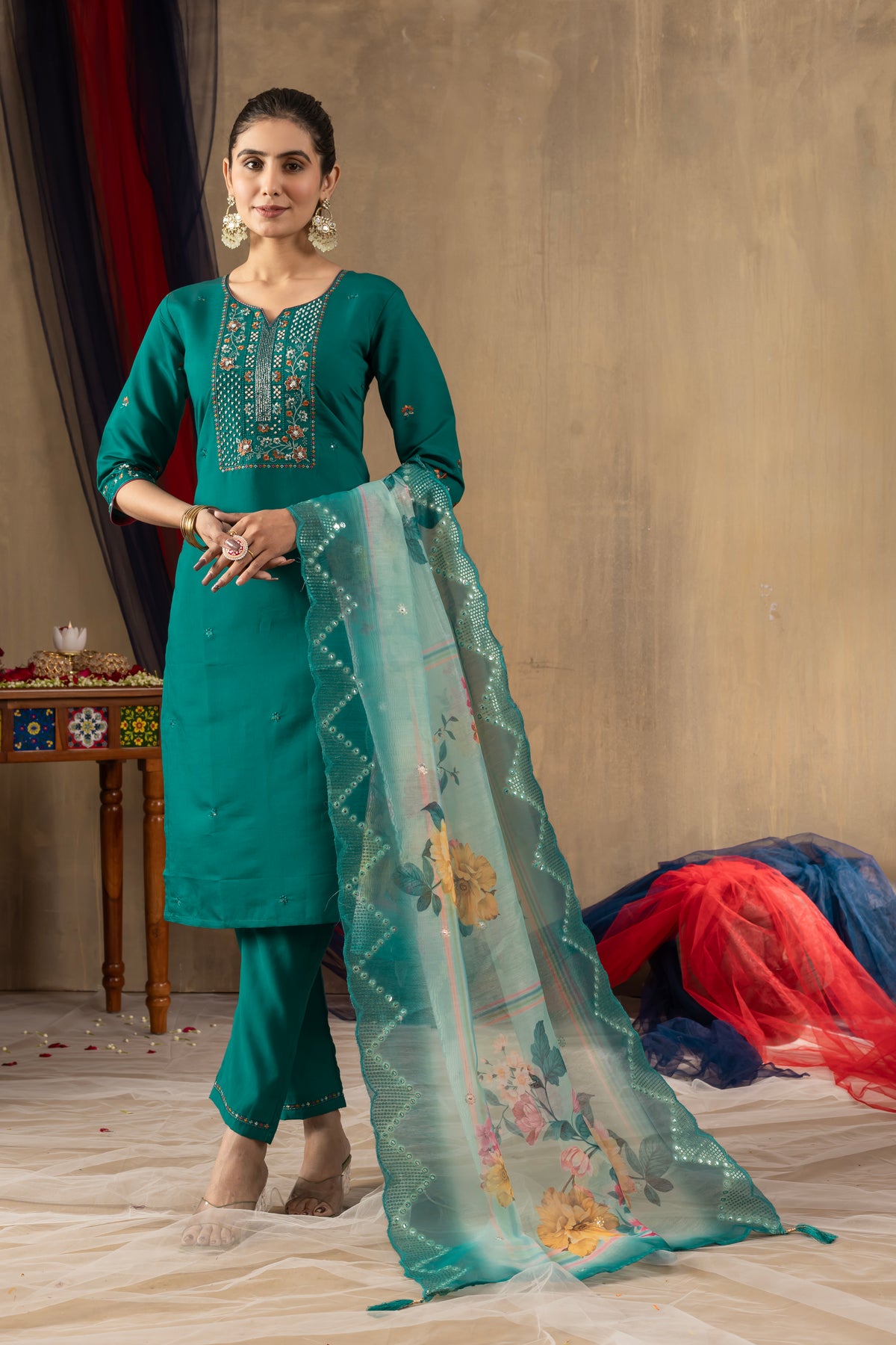 Rama Green Roman Silk Multi Embroidered Suit Set