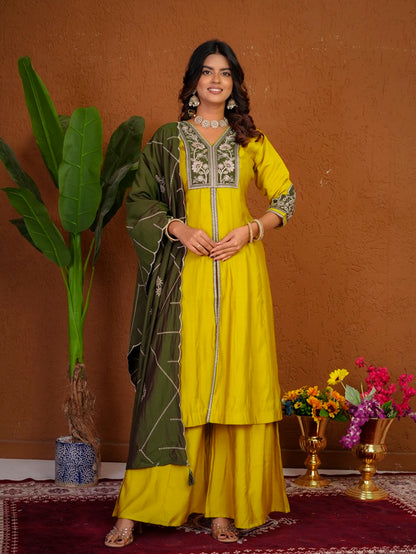 Yellow Roman Silk Anarkali Kurti Set