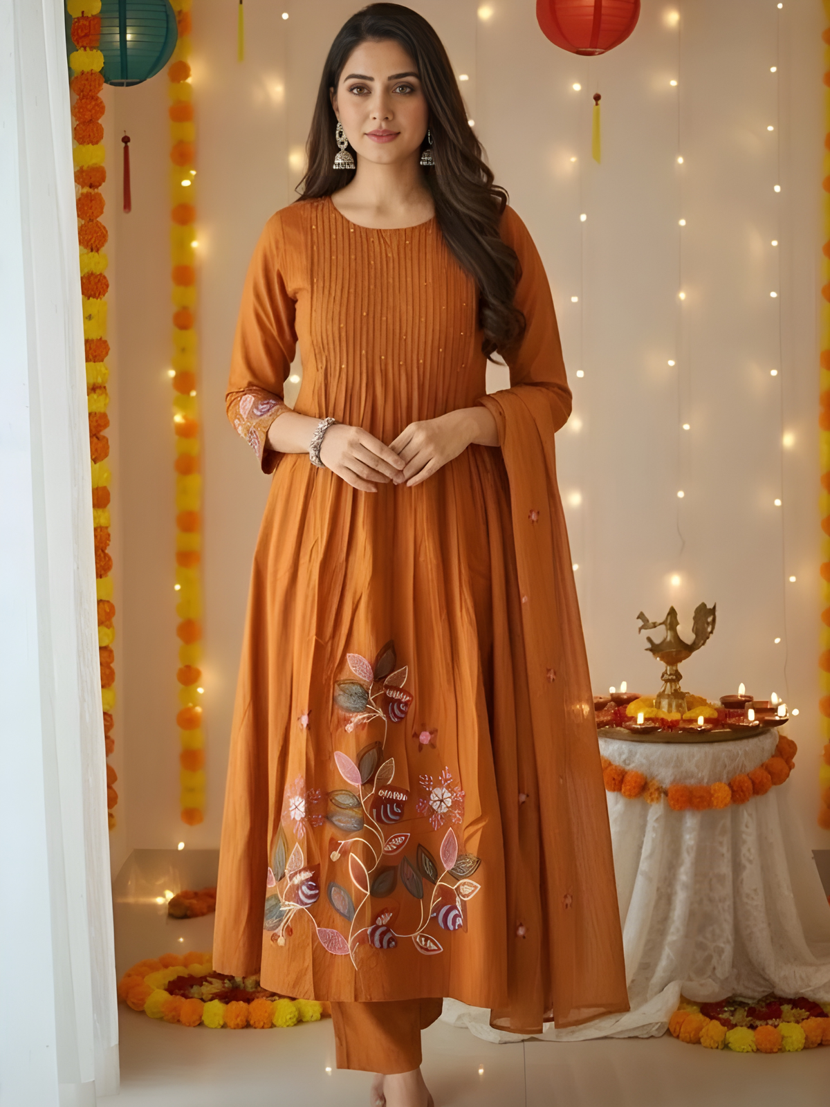 Rust Orange Anarkali Kurti Pant Dupatta Set