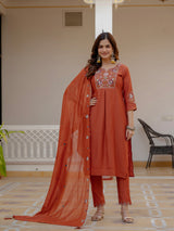 Rust Orange Viscose Mango Silk Embroidered Kurti Set