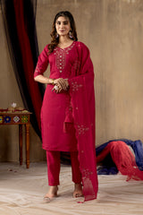 Rani Pink Roman Silk Multi Embroidered Suit Set