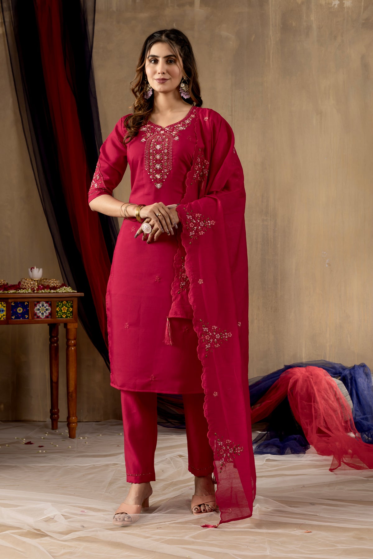 Rani Pink Roman Silk Multi Embroidered Suit Set