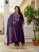 Purple Viscose Roman Silk Anarkali Kurti Pant Set