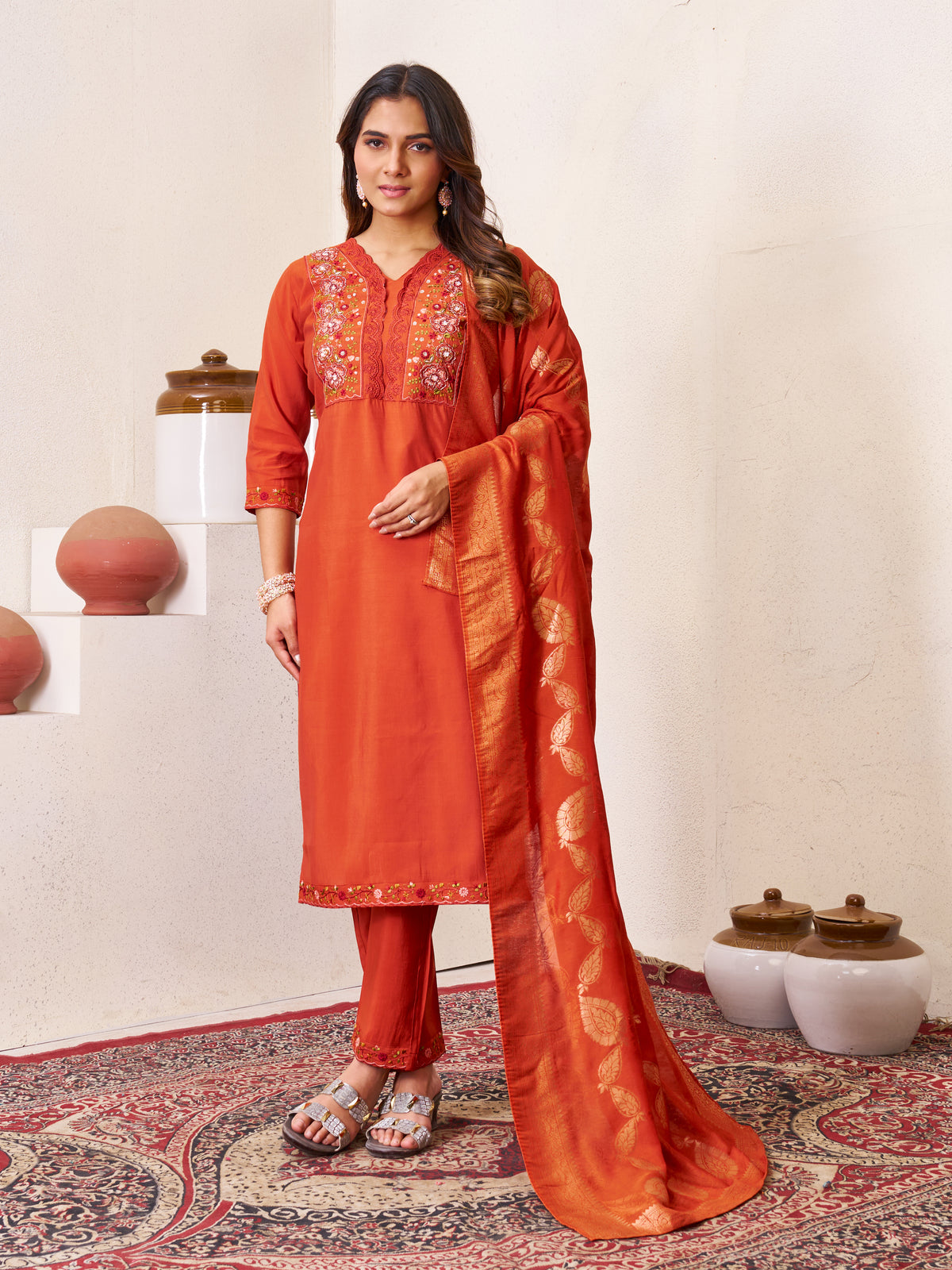 Rust Orange Roman Silk Embroidered Kurti Pant Dupatta Set